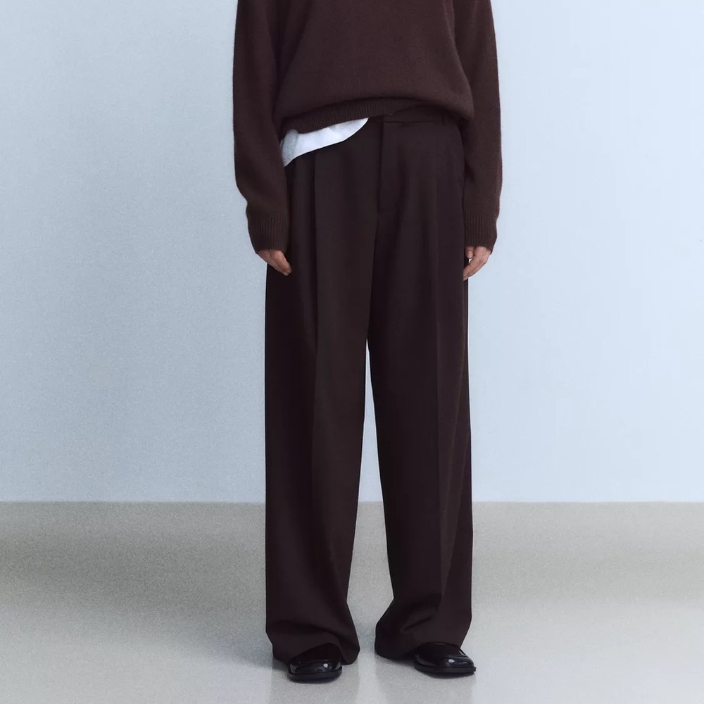 Zara Chocolate Brown Double Pleat wide leg trouser pants size XL